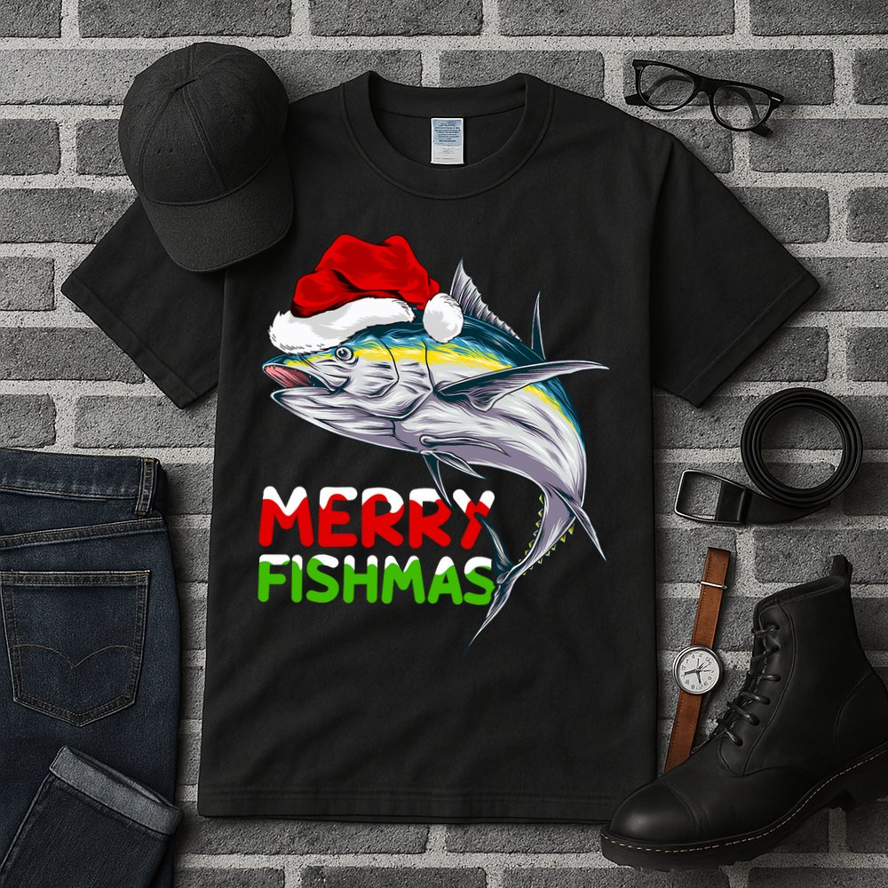 Merry Fishmas Lighting Santa Tuna Fish Fishing Christmas Tall T-Shirt