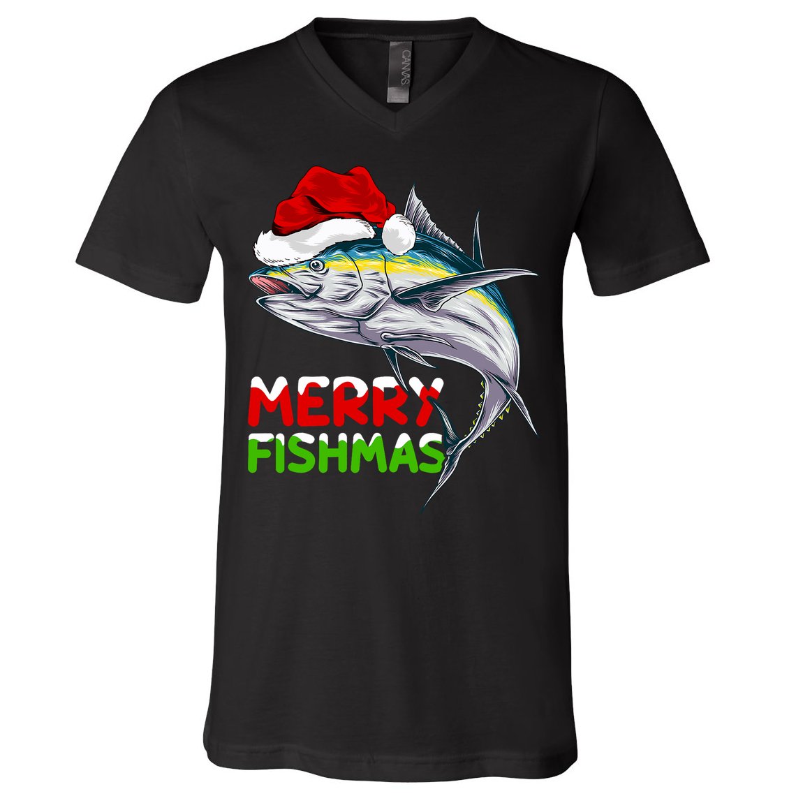 Merry Fishmas Lighting Santa Tuna Fish Fishing Christmas V-Neck T-Shirt