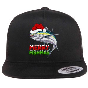 Merry Fishmas Lighting Santa Tuna Fish Fishing Christmas Flat Bill Trucker Hat