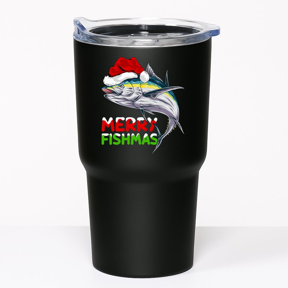 Merry Fishmas Lighting Santa Tuna Fish Fishing Christmas Tumbler
