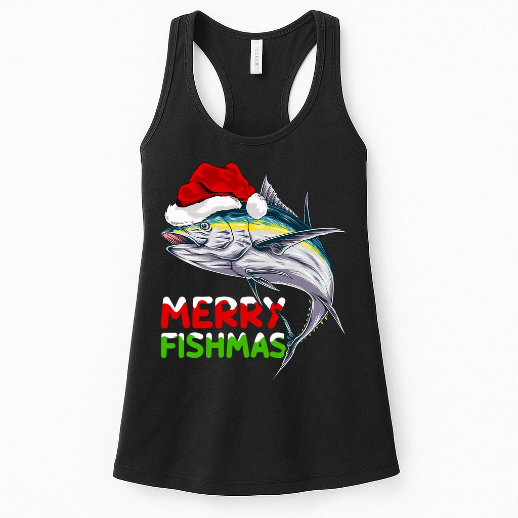 Merry Fishmas Lighting Santa Tuna Fish Fishing Christmas Womens Tank Top