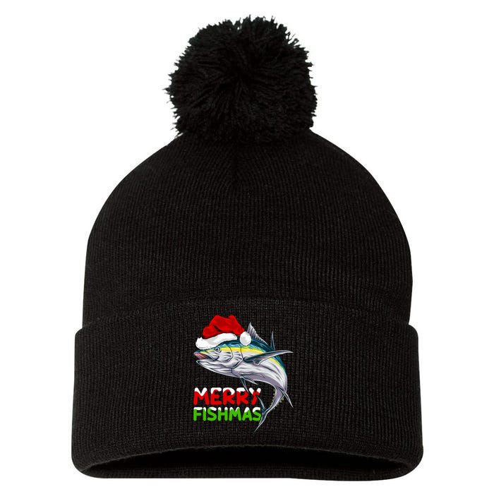 Merry Fishmas Lighting Santa Tuna Fish Fishing Christmas Pom Pom 12in Knit Beanie