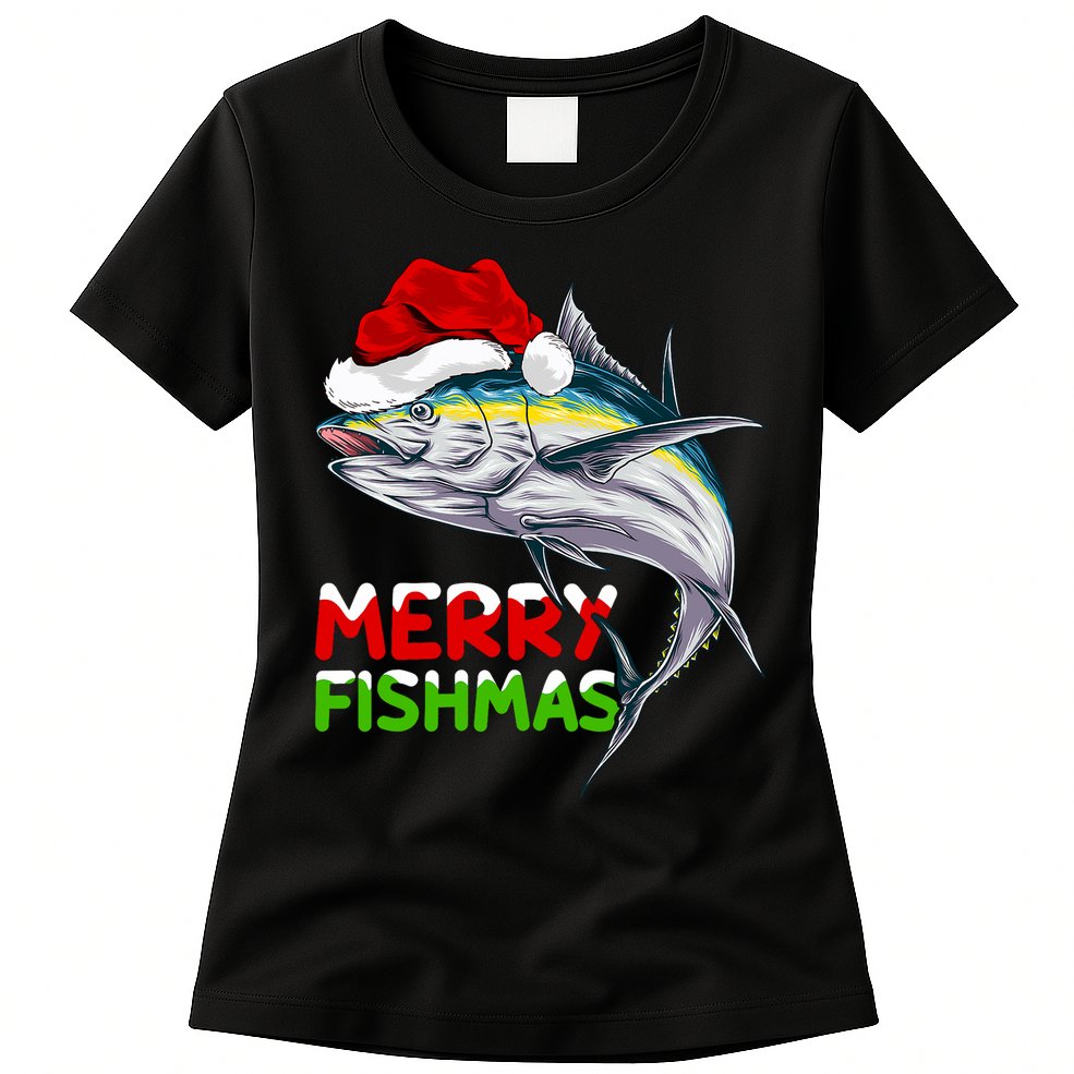 Merry Fishmas Lighting Santa Tuna Fish Fishing Christmas Womens T-Shirt