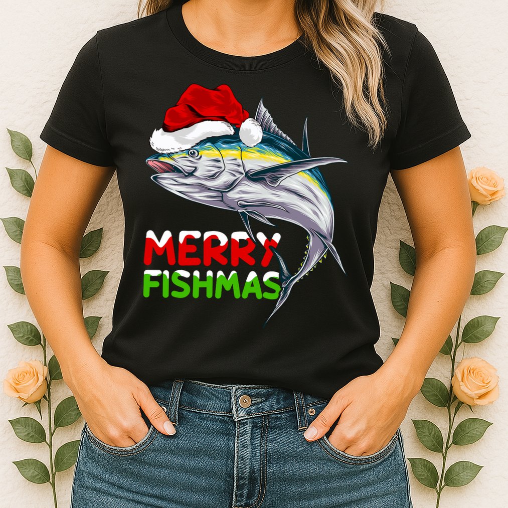 Merry Fishmas Lighting Santa Tuna Fish Fishing Christmas Womens T-Shirt
