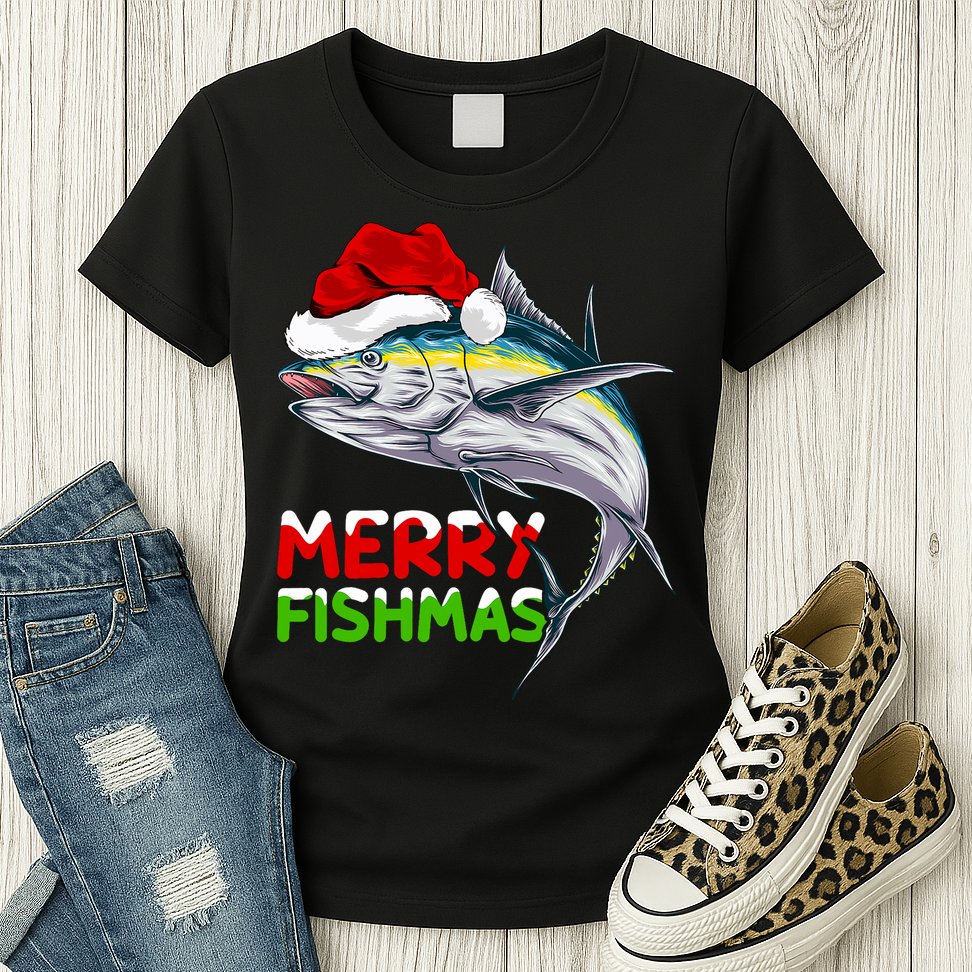 Merry Fishmas Lighting Santa Tuna Fish Fishing Christmas Womens T-Shirt