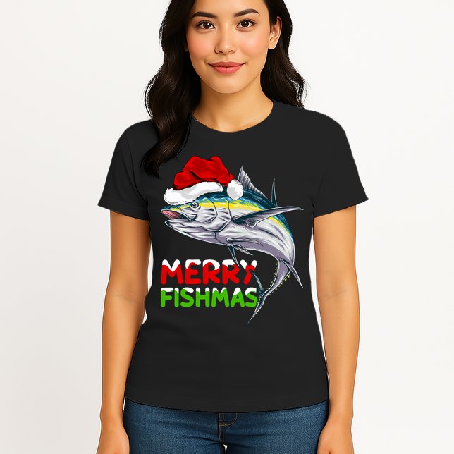 Merry Fishmas Lighting Santa Tuna Fish Fishing Christmas Womens T-Shirt
