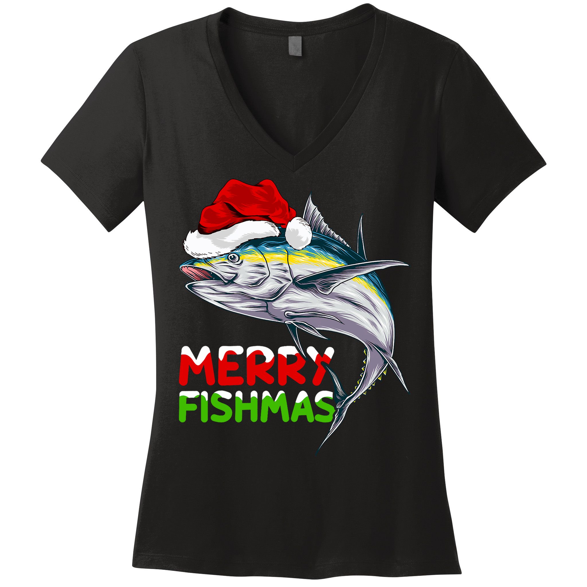 Merry Fishmas Lighting Santa Tuna Fish Fishing Christmas Women's V-Neck T-Shirt