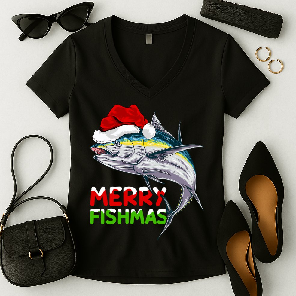 Merry Fishmas Lighting Santa Tuna Fish Fishing Christmas Women's V-Neck T-Shirt