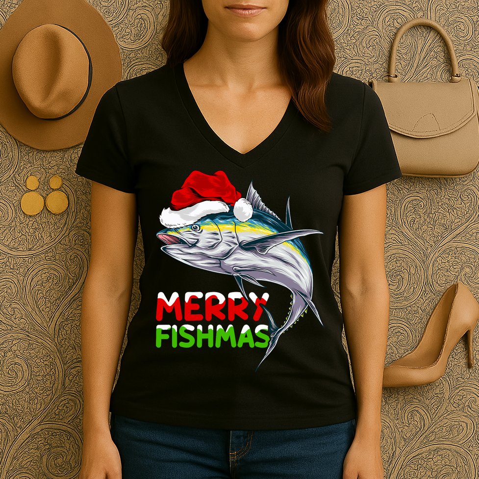 Merry Fishmas Lighting Santa Tuna Fish Fishing Christmas Women's V-Neck T-Shirt