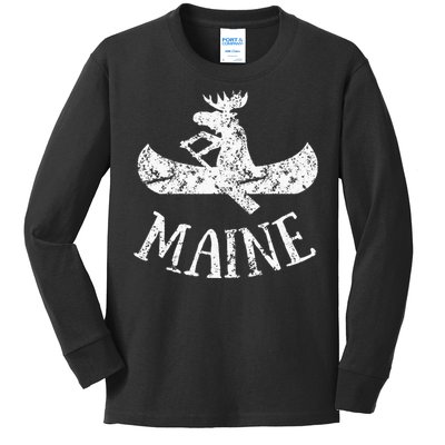 Maine Funny Moose Canoe Vacation Kids Long Sleeve Shirt