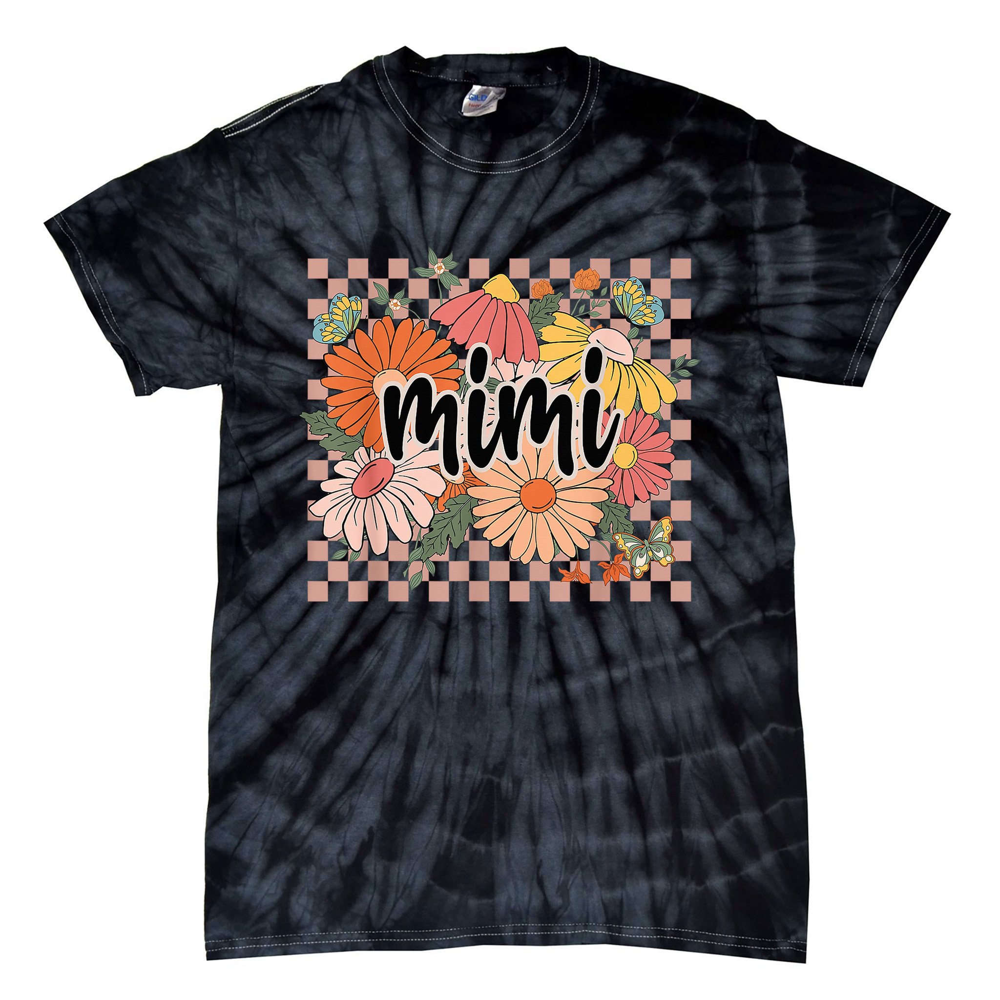 Mimi Floral Mother'S Day Wildflower Girl Checkered Tie-Dye T-Shirt
