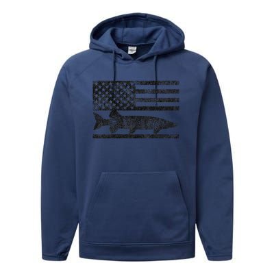 Musky Fishing Muskie Fisherman American Flag Gift Performance Fleece Hoodie