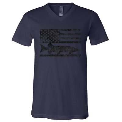 Musky Fishing Muskie Fisherman American Flag Gift V-Neck T-Shirt