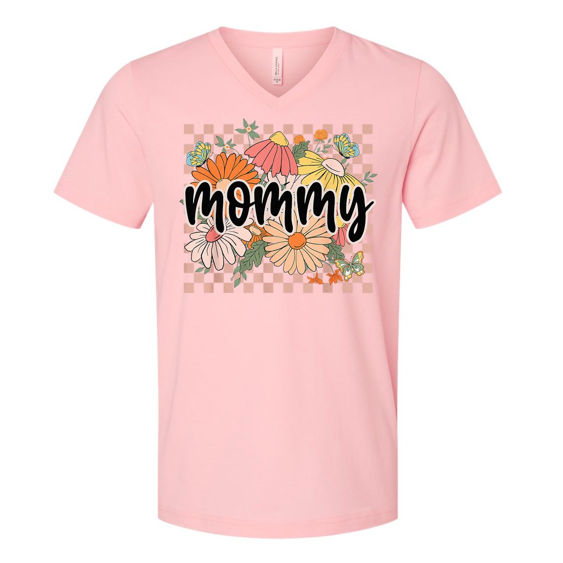 Mommy Floral Mother'S Day Wildflower Girl Checkered V-Neck T-Shirt