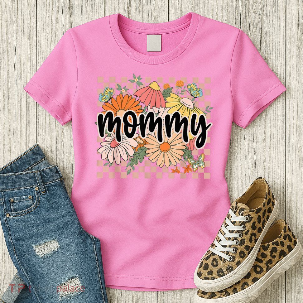 Mommy Floral Mother'S Day Wildflower Girl Checkered Womens T-Shirt