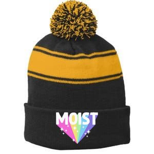 Moist Funny Meme Offensive Weird Cool Hilarious Humorous Stripe Pom Pom Beanie