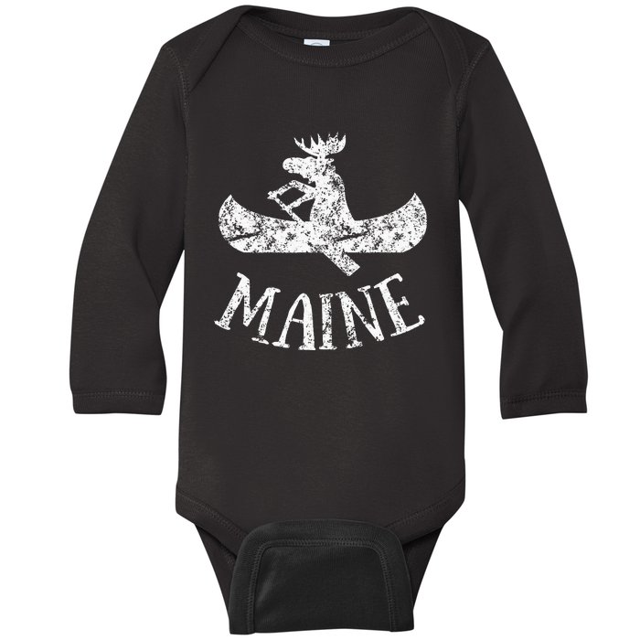 Maine Funny Moose Canoe Vacation Baby Long Sleeve Bodysuit