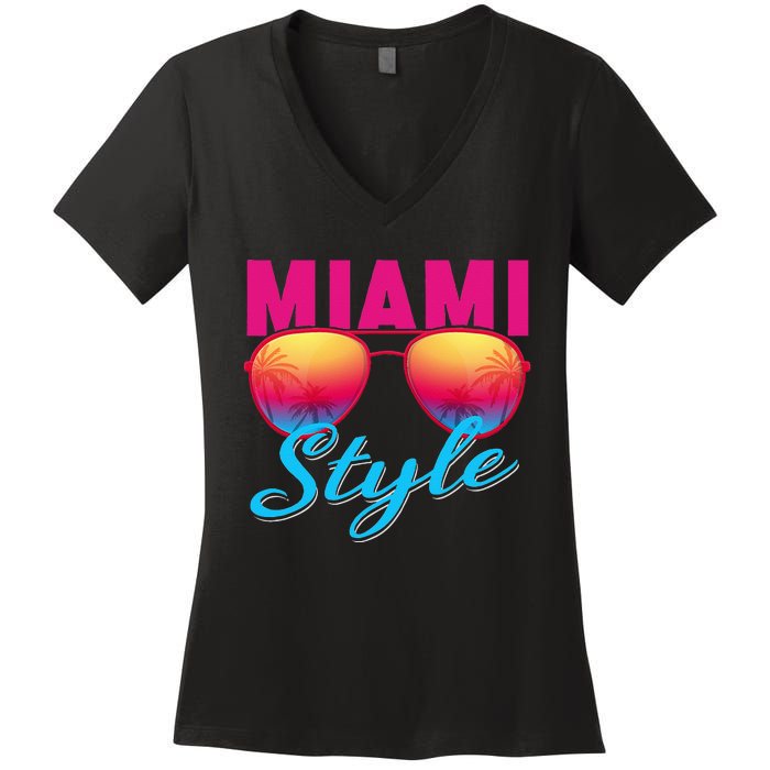 Miami Florida Miami Colorful Sunrise Sunglasses Graphic Women's V-Neck T-Shirt