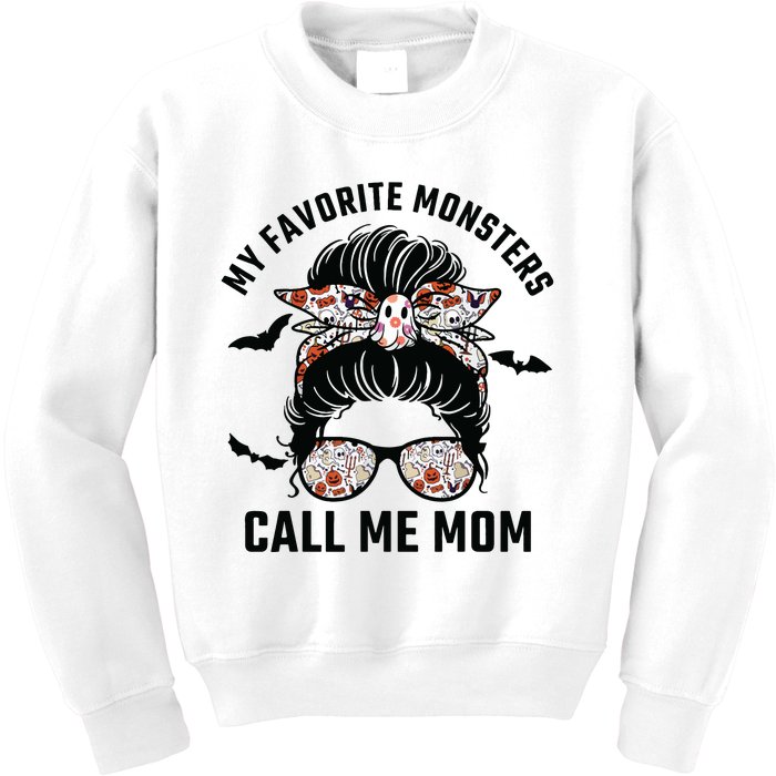 My Favorite Monsters Call Me Mom Messy Bun Mom Halloween Kids Sweatshirt