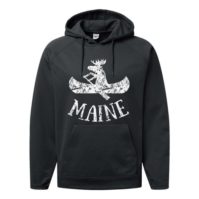 Maine Funny Moose Canoe Vacation Performance Fleece Hoodie