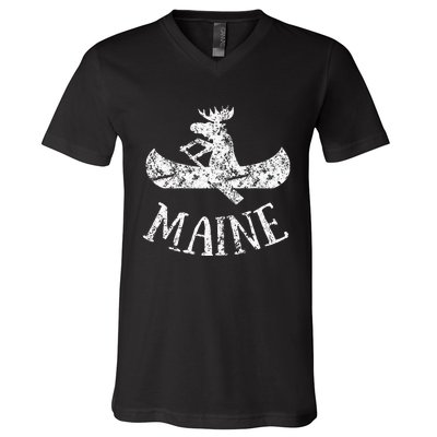 Maine Funny Moose Canoe Vacation V-Neck T-Shirt