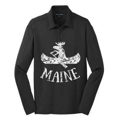 Maine Funny Moose Canoe Vacation Silk Touch Performance Long Sleeve Polo