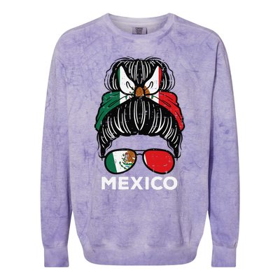 Mexico Flag Mexican Girl Hairbun Football Soccer Fan Women Colorblast Crewneck Sweatshirt