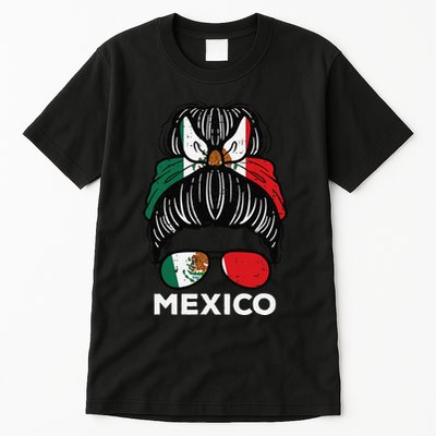 Mexico Flag Mexican Girl Hairbun Football Soccer Fan Women Tall T-Shirt