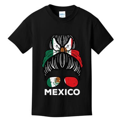 Mexico Flag Mexican Girl Hairbun Football Soccer Fan Women Kids T-Shirt
