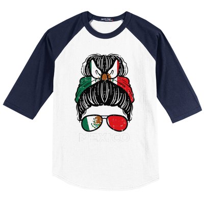 Mexico Flag Mexican Girl Hairbun Football Soccer Fan Women Baseball Sleeve Shirt