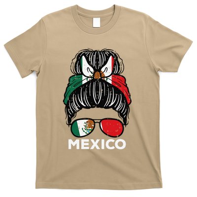 Mexico Flag Mexican Girl Hairbun Football Soccer Fan Women T-Shirt