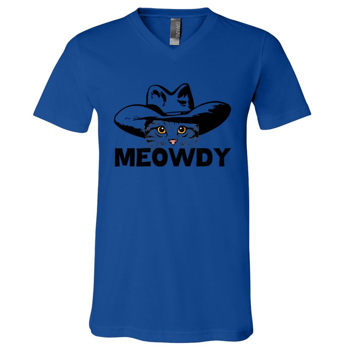 Meowdy Funny Mashup Between Meow And Howdy Cat Meme Gift V-Neck T-Shirt