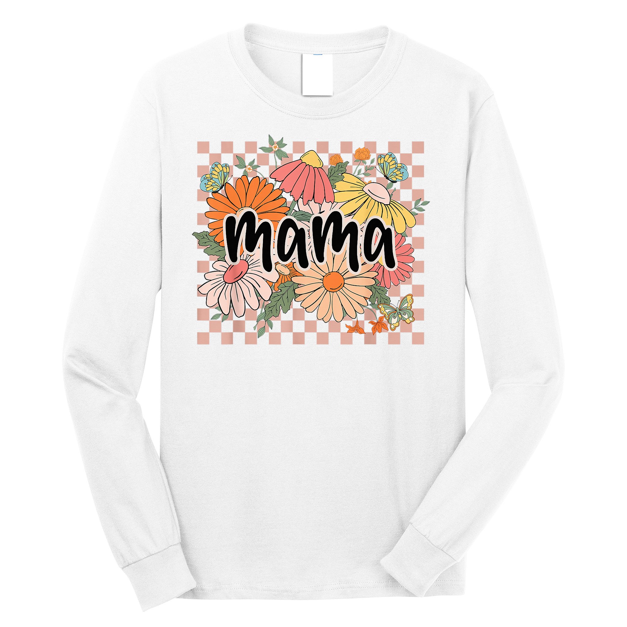 Mama Floral Mother'S Day Wildflower Girl Checkered Long Sleeve Shirt