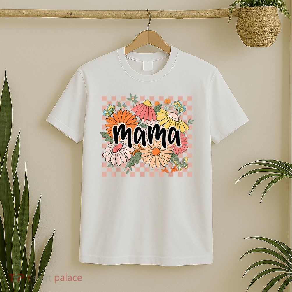 Mama Floral Mother'S Day Wildflower Girl Checkered T-Shirt