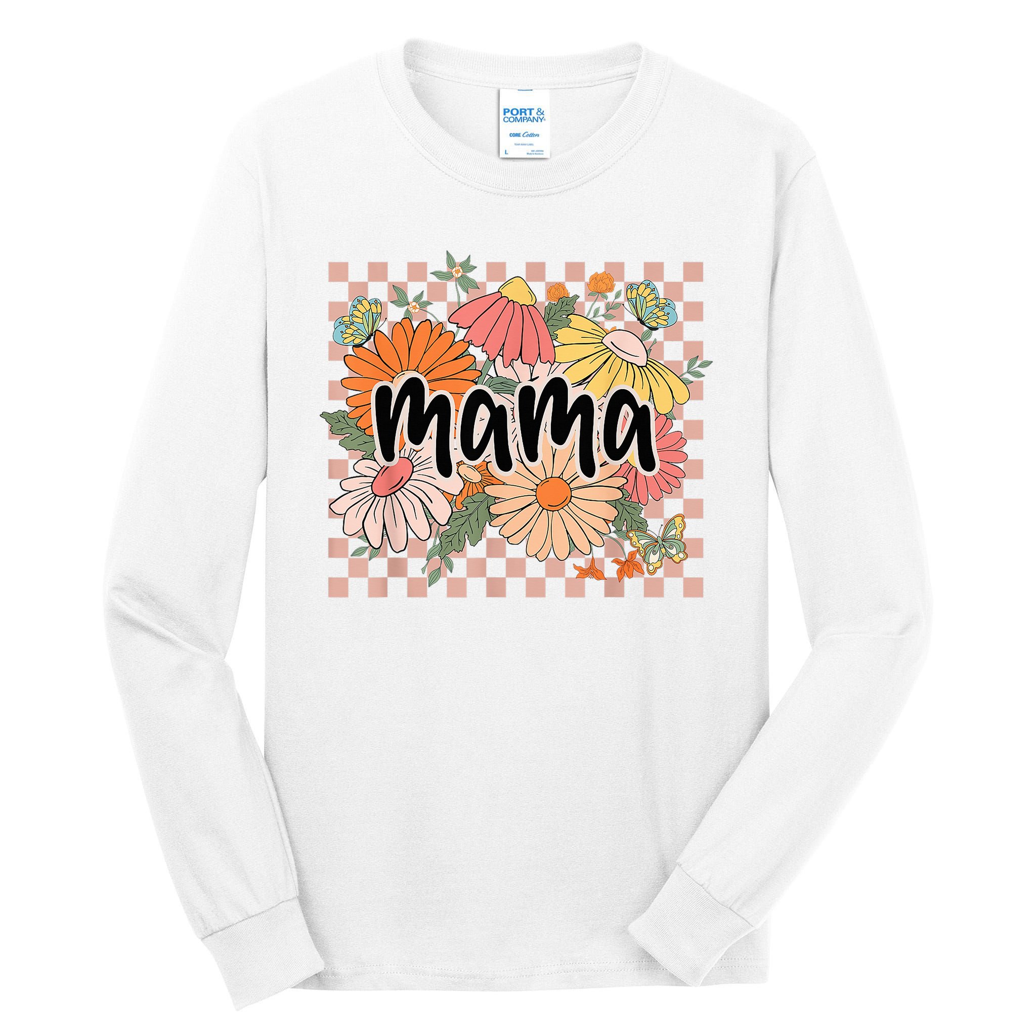 Mama Floral Mother'S Day Wildflower Girl Checkered Tall Long Sleeve T-Shirt