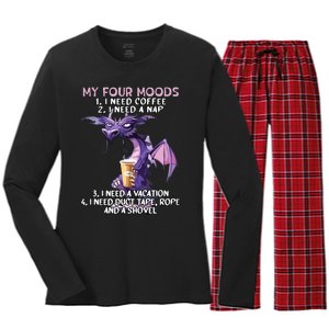 My Four Moods I Need Coffee I Need A Nap Dragon Coffee Lover Women's Long Sleeve Flannel Pajama Set 