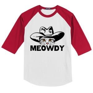 Meowdy Funny Mashup Between Meow And Howdy Cat Meme Cool Gift Kids Colorblock Raglan Jersey