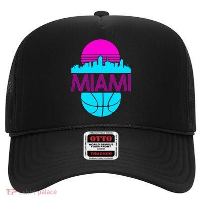 Miami Florida Neon Retro Logo High Crown Mesh Back Trucker Hat