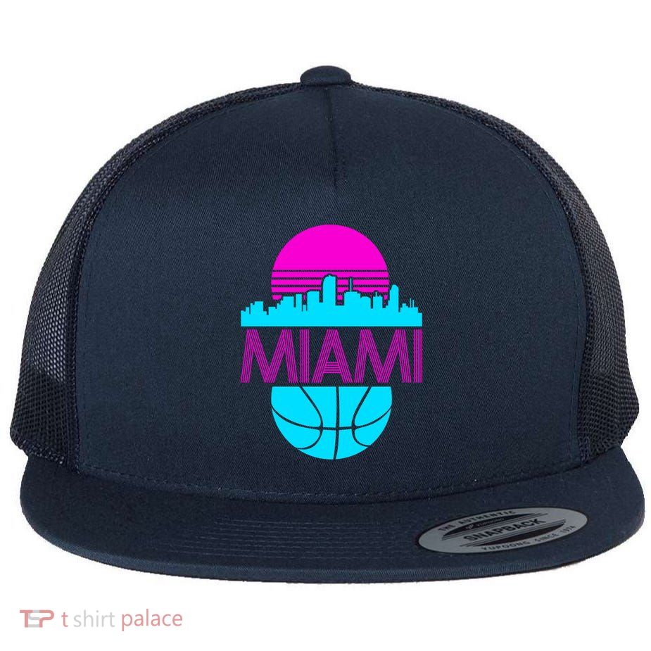 Miami Florida Neon Retro Logo Flat Bill Trucker Hat