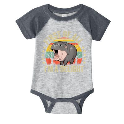 Moodeng First Of All IM A Delight Vintage Angry Moo Deng Infant Baby Jersey Bodysuit