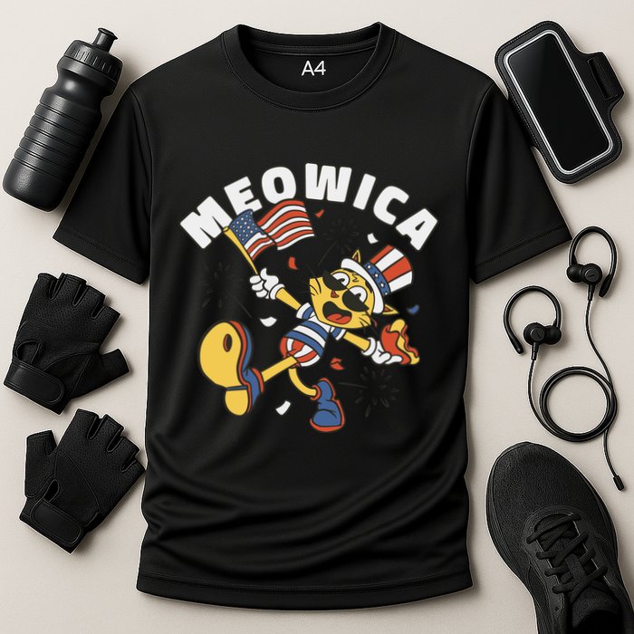 Meowica Fourth Of July Funny Cat Cooling Performance Crew T-Shirt