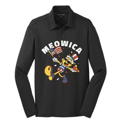 Meowica Fourth Of July Funny Cat Silk Touch Performance Long Sleeve Polo