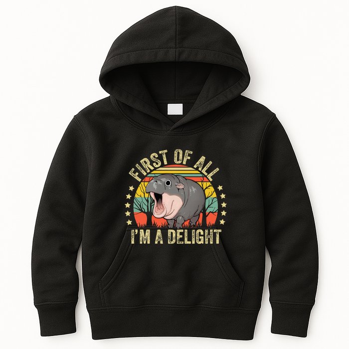Moodeng First Of All IM A Delight Vintage Angry Moo Deng Kids Hoodie