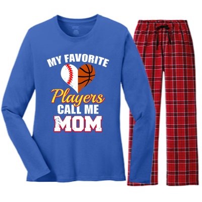 My Favorite Players Call Me Mom Baseball Basketball Mom Gift Women's Long Sleeve Flannel Pajama Set 