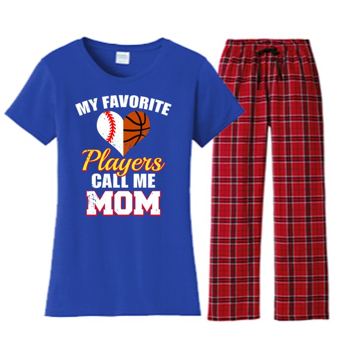 My Favorite Players Call Me Mom Baseball Basketball Mom Gift Women's Flannel Pajama Set