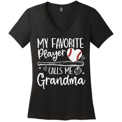 My Favorite Player Calls Me Grandma Baseball Heart Mothers Women's V-Neck T-Shirt