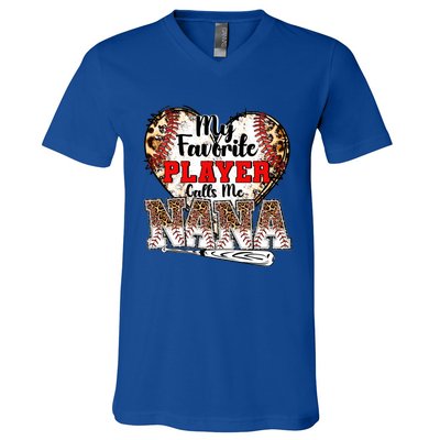 My Favorite Player Calls Me Nana Baseball Leopard Grandma Gift V-Neck T-Shirt