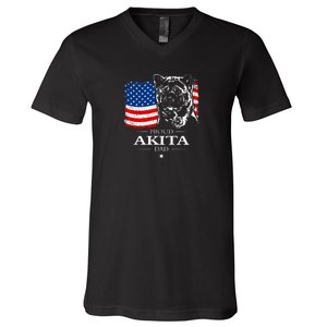 Mens Funny Proud Akita Dad American Flag Patriotic Dog Gift V-Neck T-Shirt