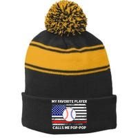 My Favorite Player Calls Me Pop Pop American Flag Baseball Stripe Pom Pom Beanie