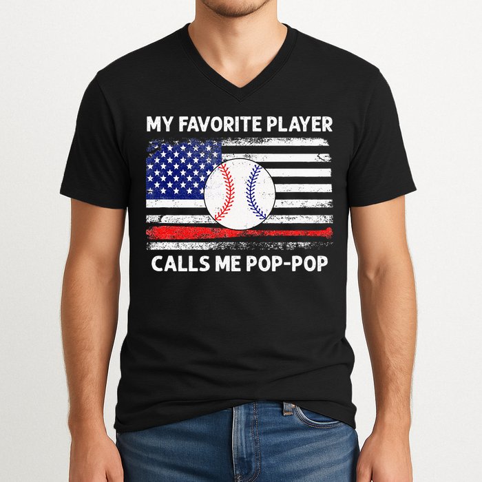 My Favorite Player Calls Me Pop Pop American Flag Baseball V-Neck T-Shirt